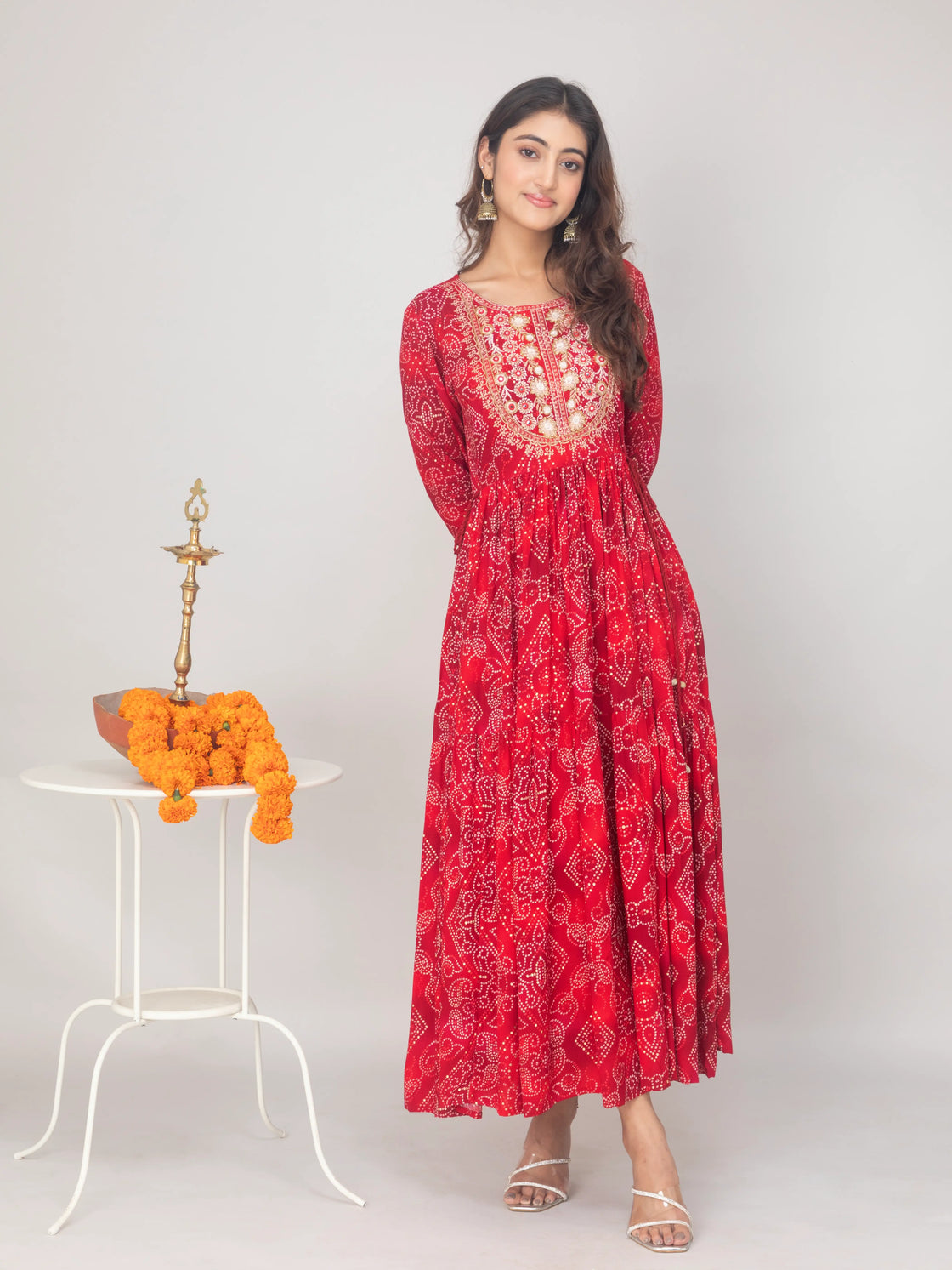 Rayon Bandhani Embroidered Gown with Cut Work