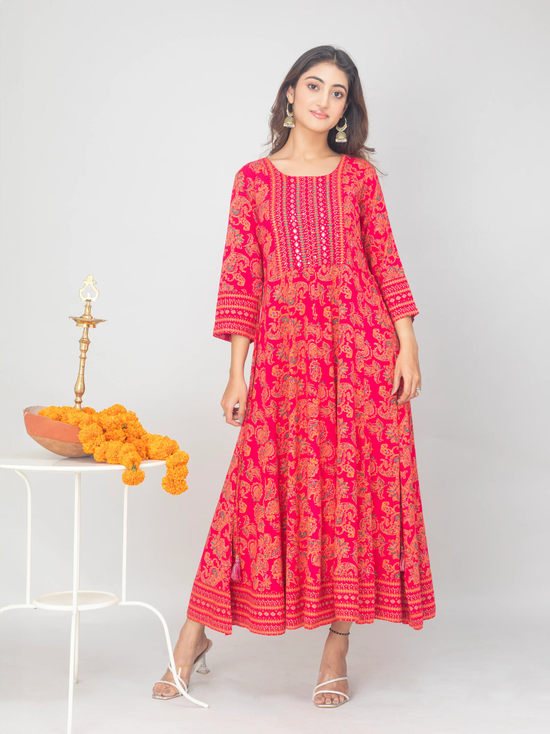 Rayon Bandhani Embroidered Gown with Digital Print