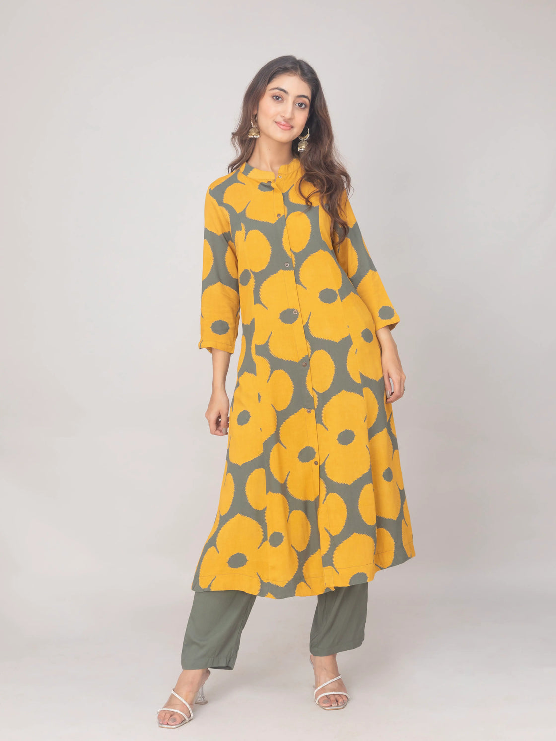 Rayon A-Line Kurti with Computer Print & Pants