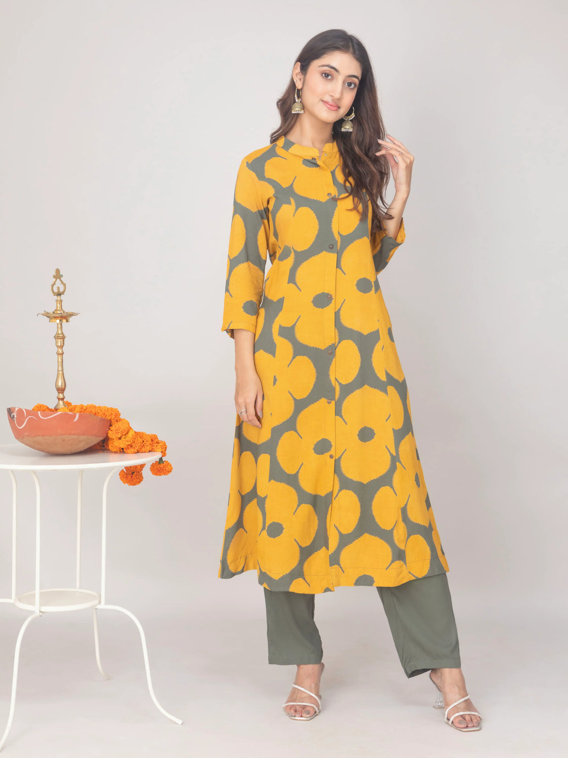 Rayon A-Line Kurti with Computer Print & Pants