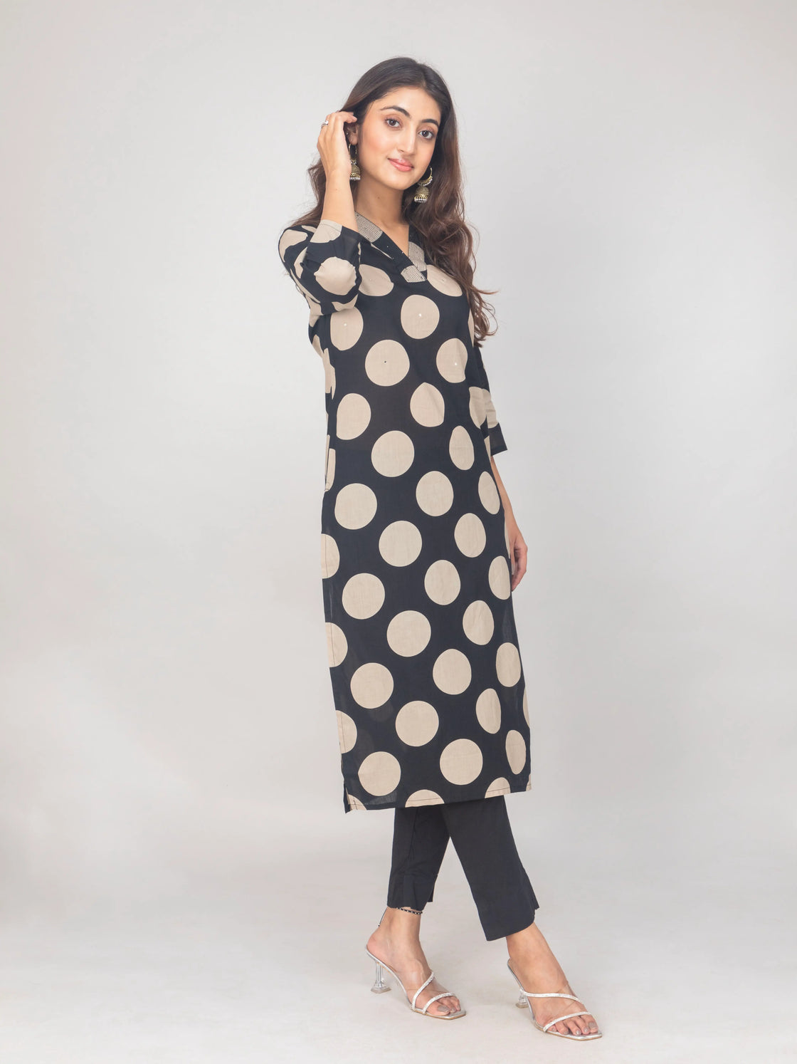 Black Polka Dot V-Neck Cotton Kurti Set