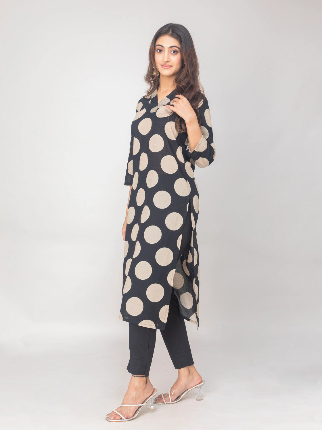 Black Polka Dot V-Neck Cotton Kurti Set