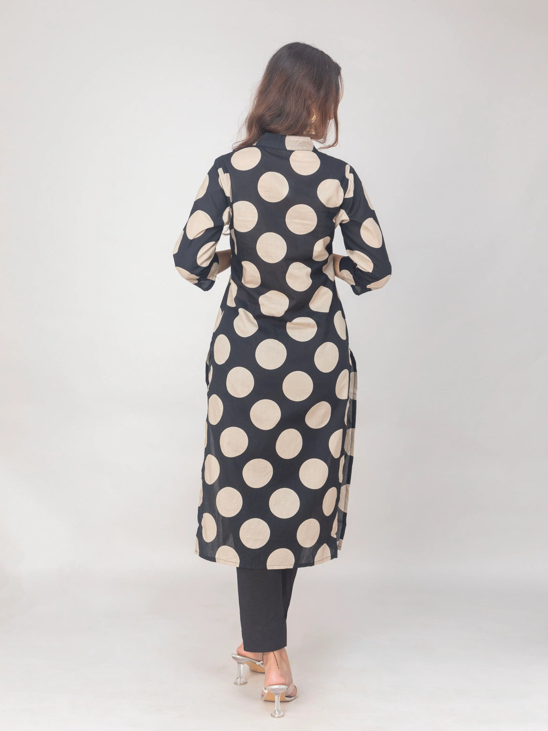 Black Polka Dot V-Neck Cotton Kurti Set