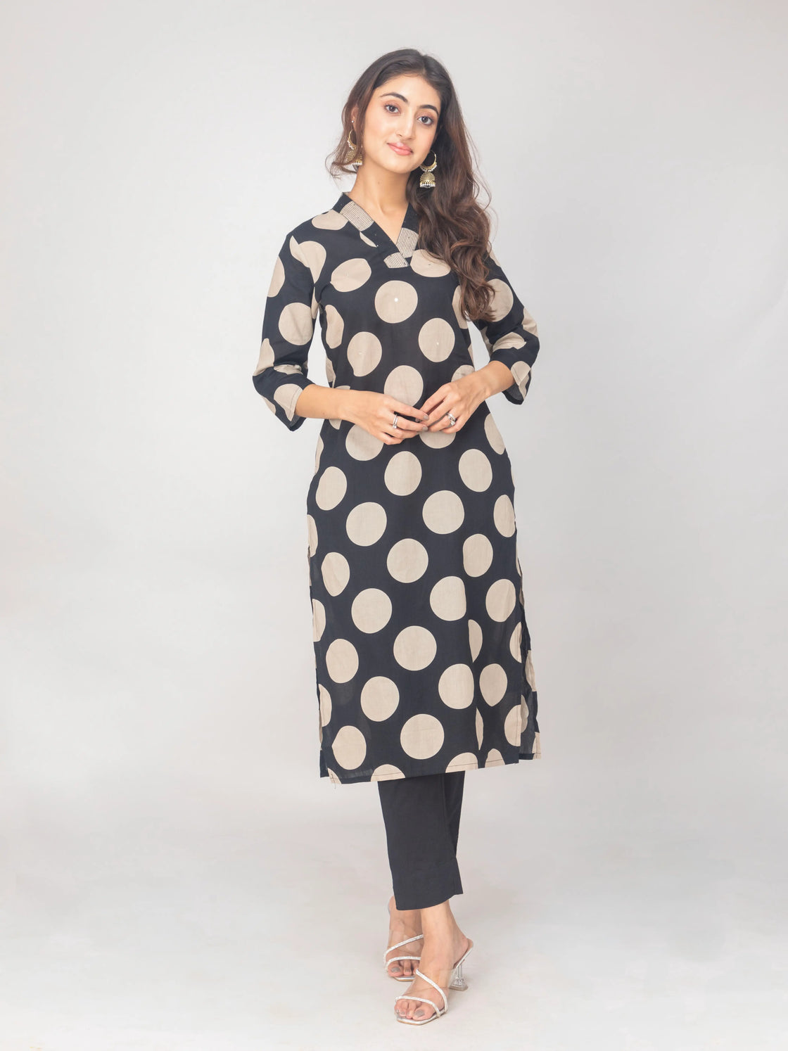 Black Polka Dot V-Neck Cotton Kurti Set