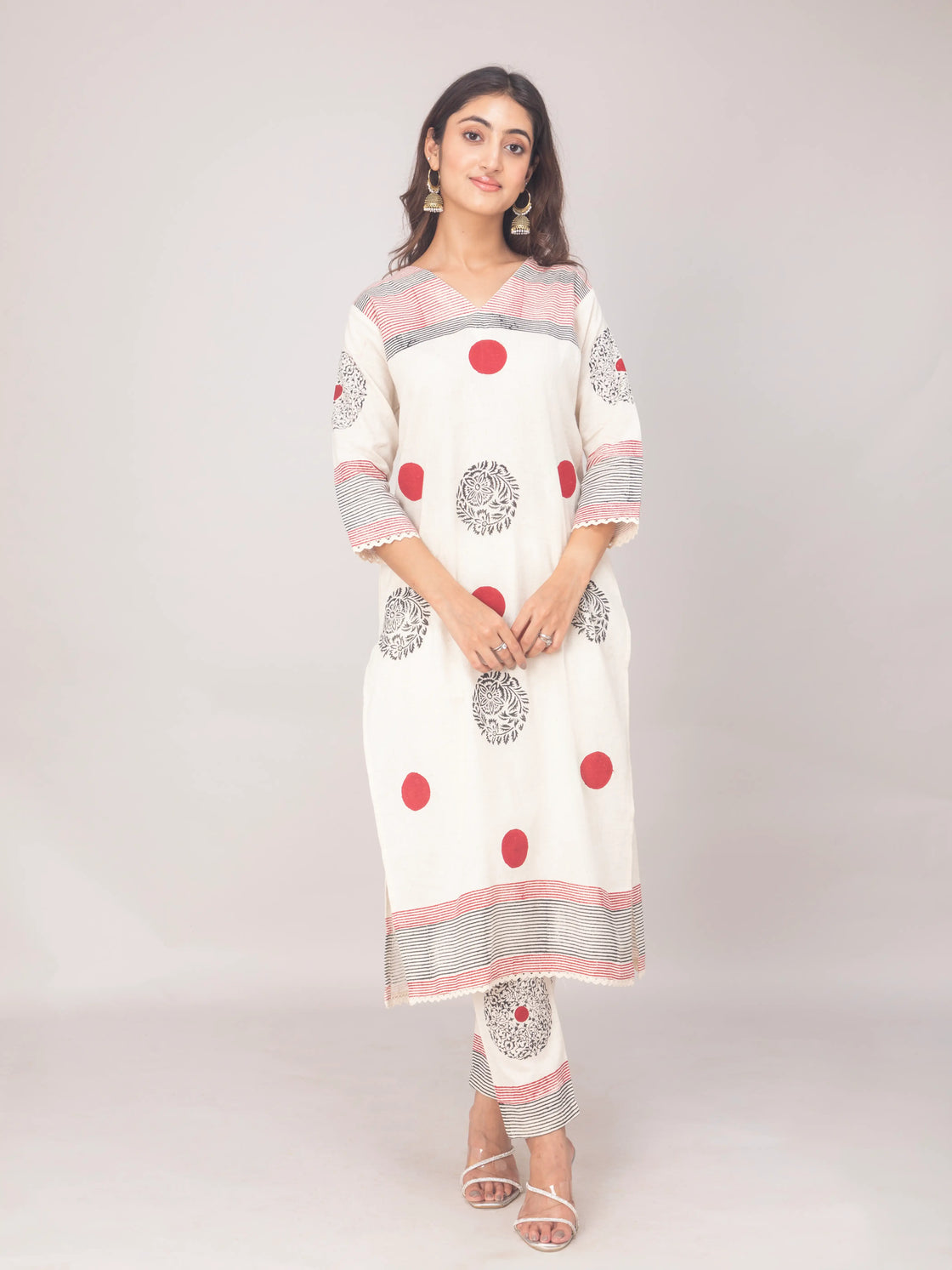 Off-White Flex Cotton Hand Block Kurti with Pants