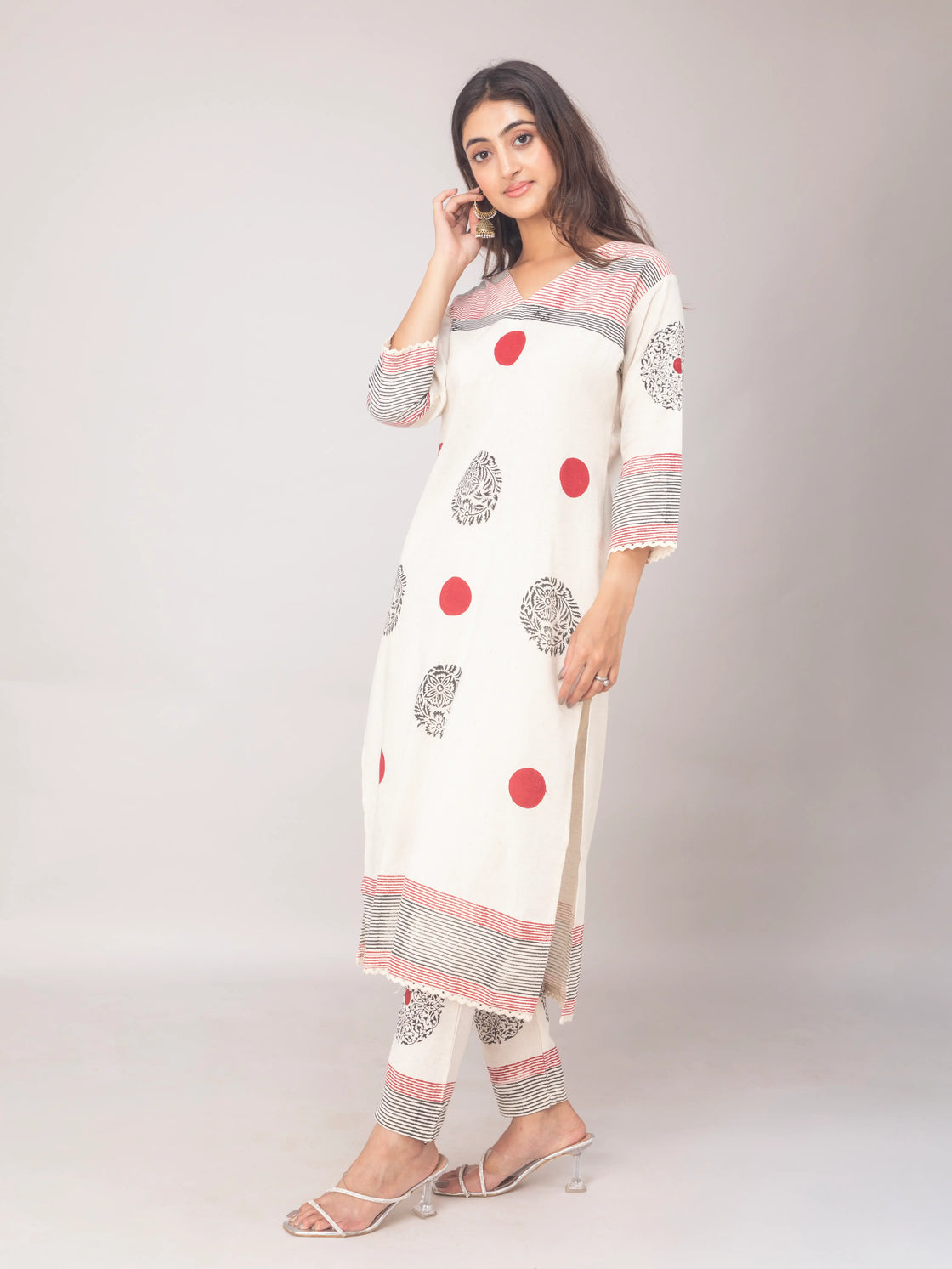 Off-White Flex Cotton Hand Block Kurti with Pants