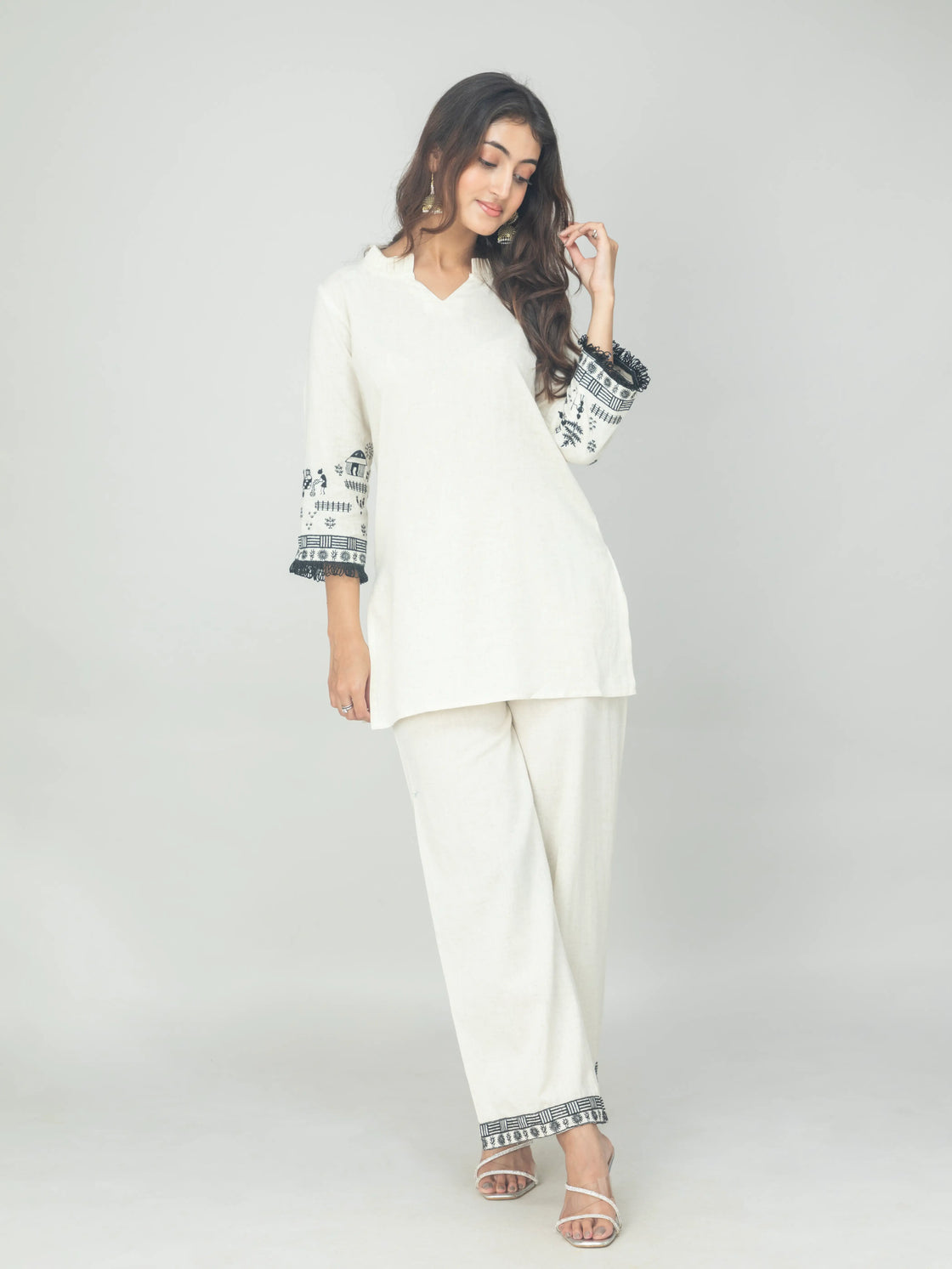 Embroidered Off-White Warli Art Coord Set for Casual Style