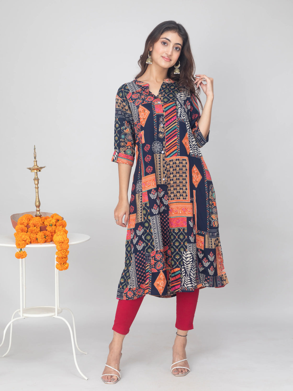 Elegant Rayon A-Line Kurti with Chinese Collar & Digital Print