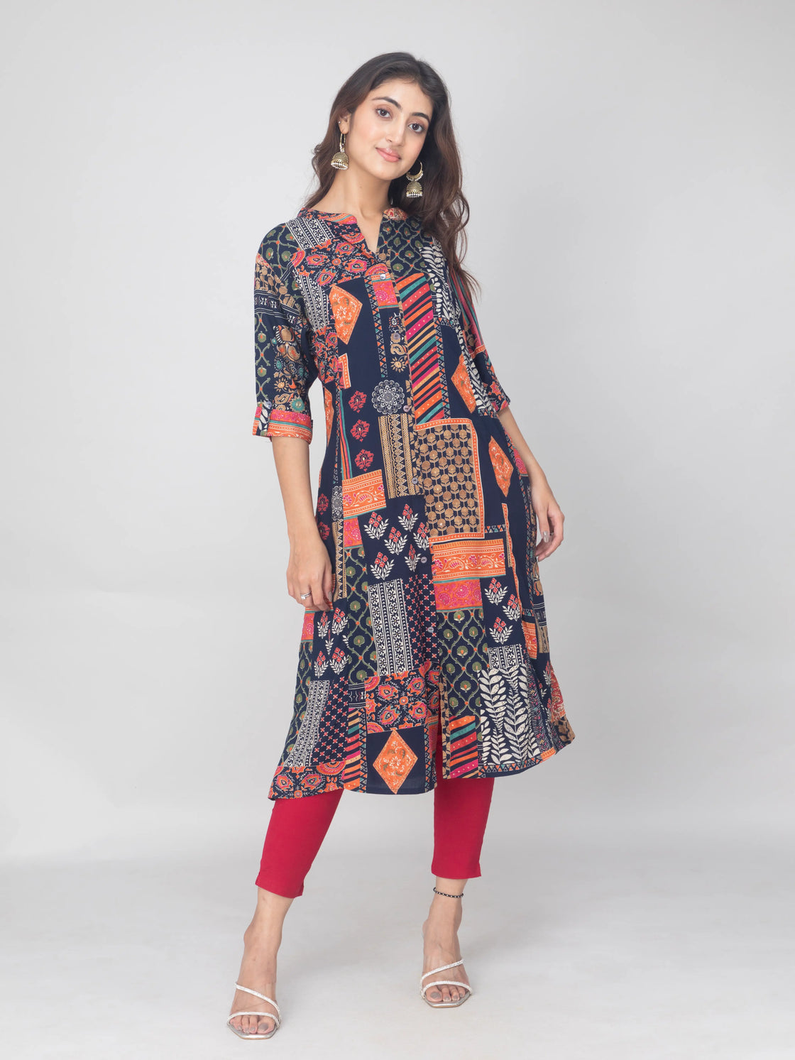 Elegant Rayon A-Line Kurti with Chinese Collar & Digital Print