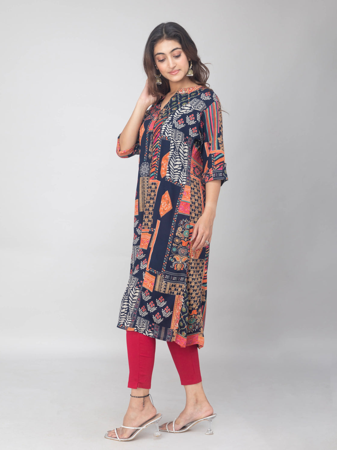 Elegant Rayon A-Line Kurti with Chinese Collar & Digital Print