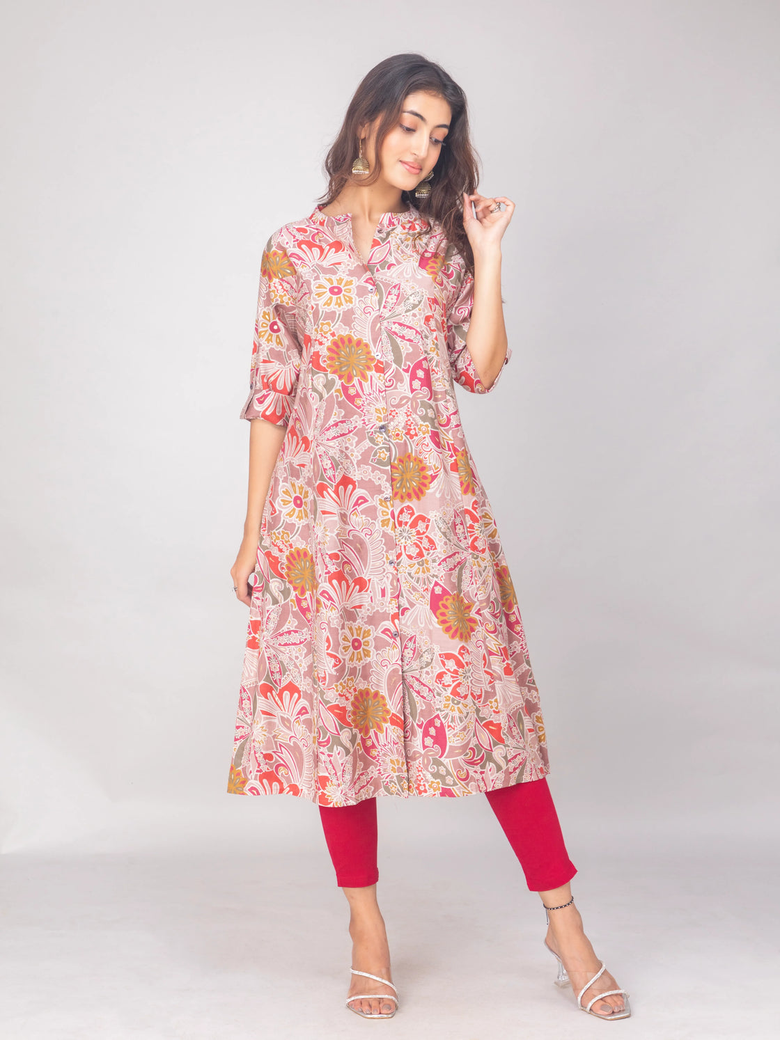 Muslin A-Line Kurti with Digital Print & Chinese Collar