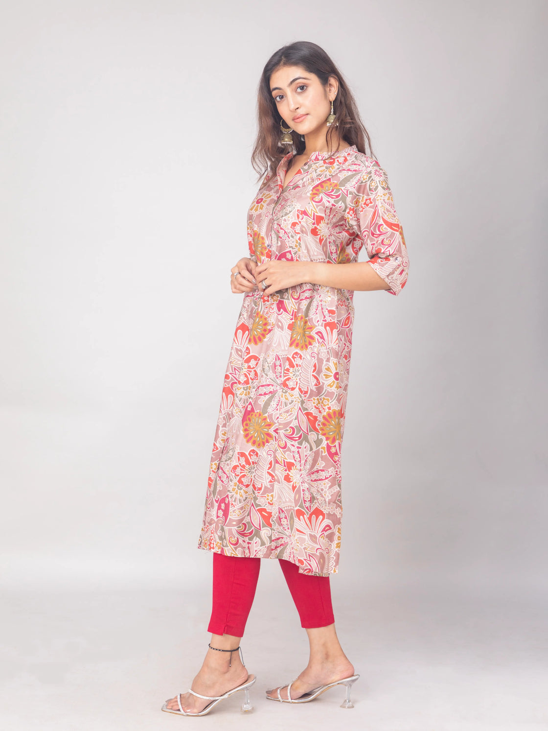 Muslin A-Line Kurti with Digital Print & Chinese Collar