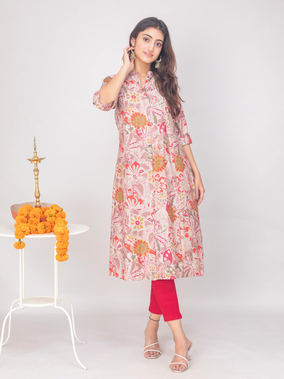 Muslin A-Line Kurti with Digital Print & Chinese Collar