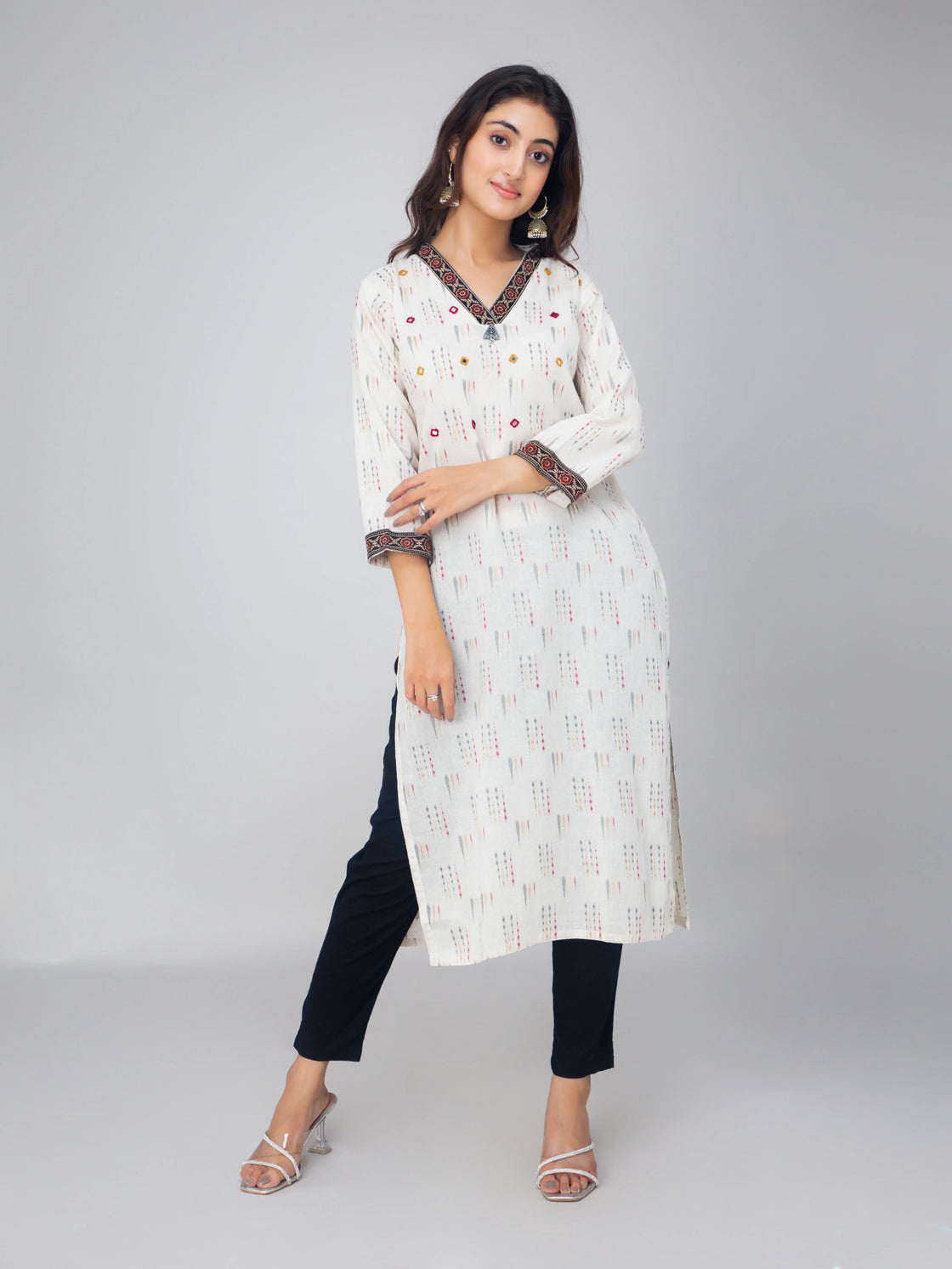 Cotton V-Neck Kurti with Mirror Work & Block Print