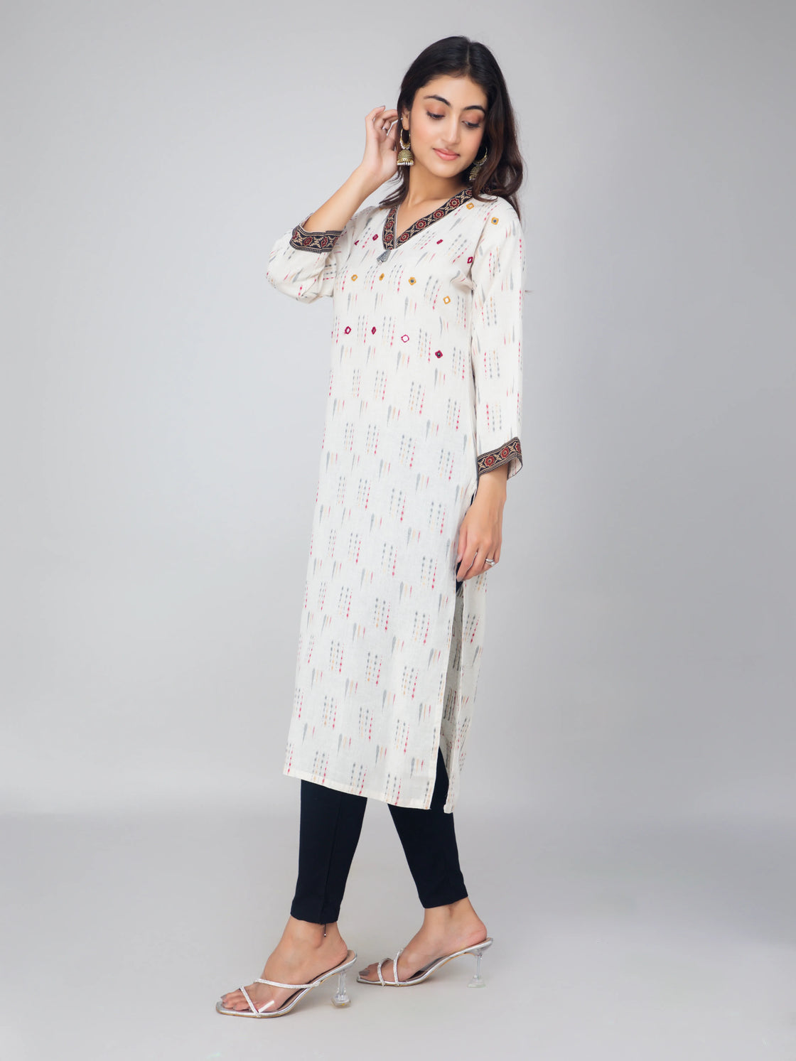 Cotton V-Neck Kurti with Mirror Work & Block Print