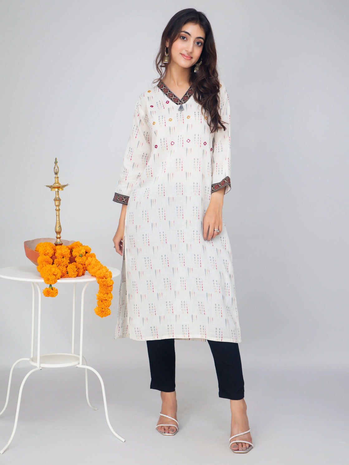 Cotton V-Neck Kurti with Mirror Work & Block Print