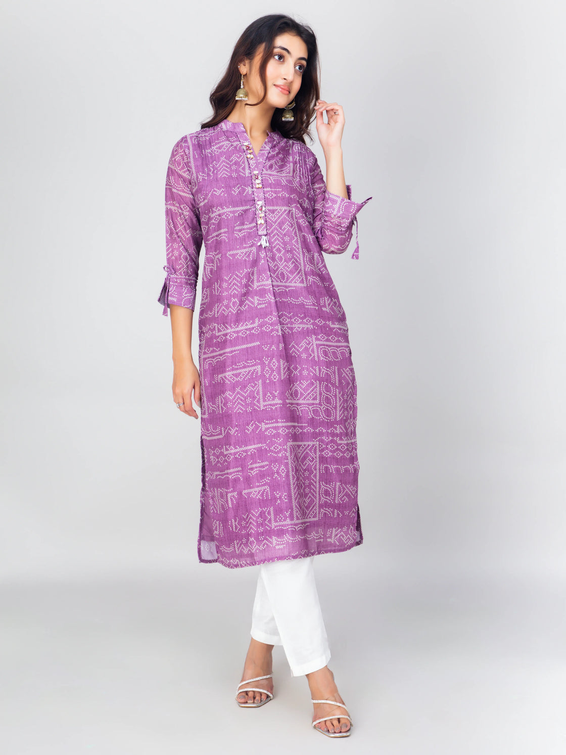 Soft Silk Bandhani Digital Print Kurti - Straight Cut V-Neck