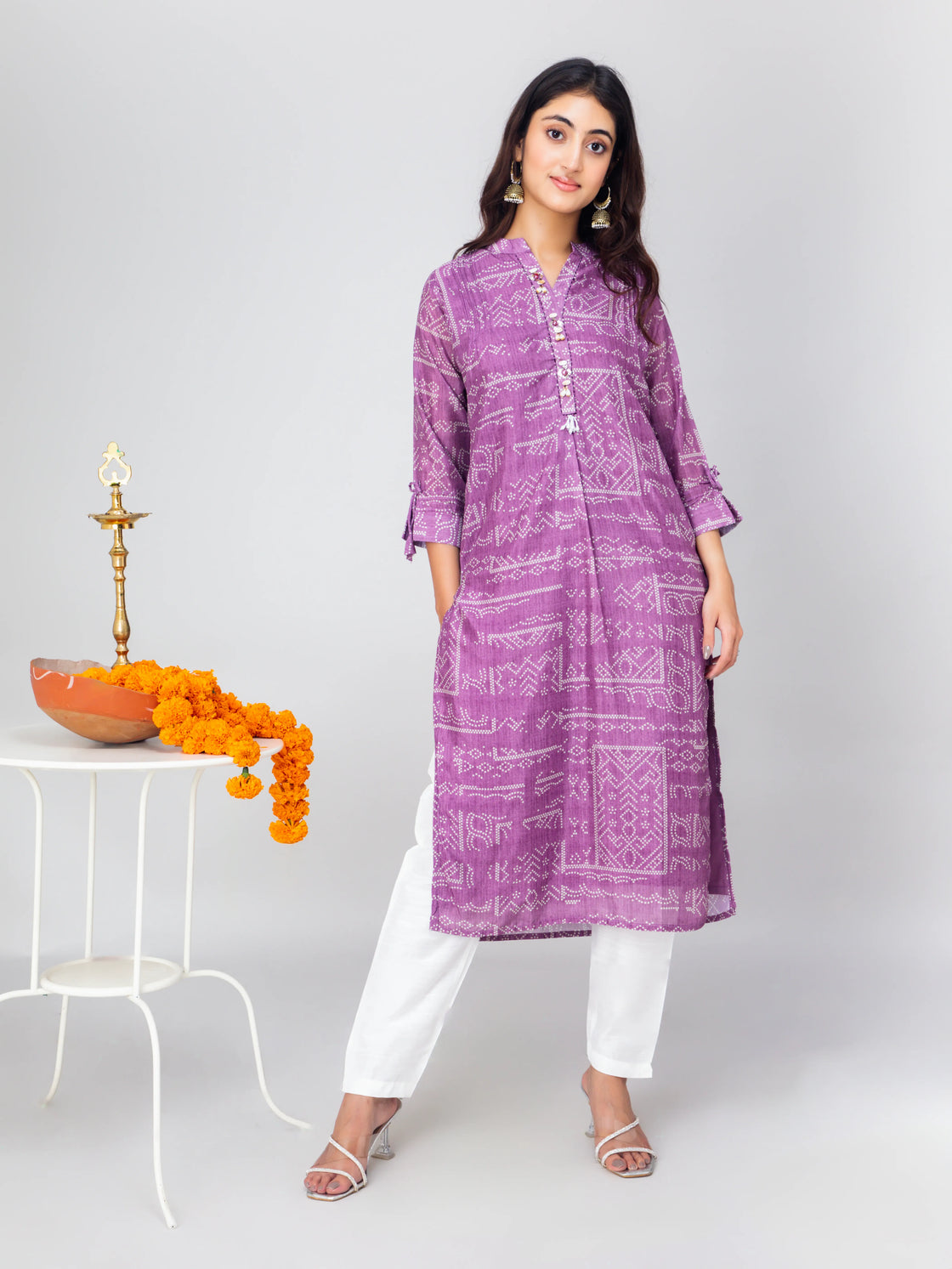 Soft Silk Bandhani Digital Print Kurti - Straight Cut V-Neck