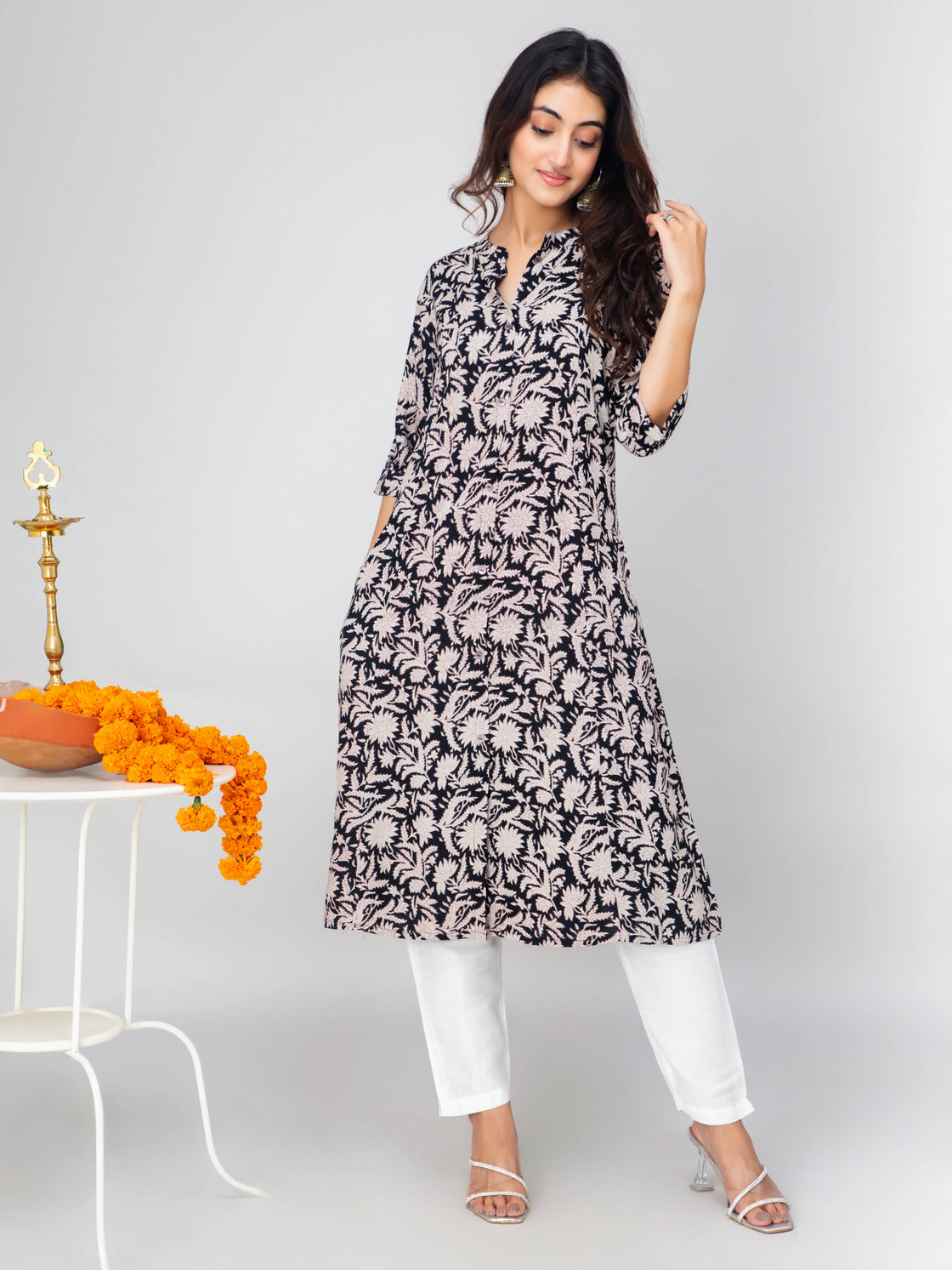 Rayon A-Line Kurti with Digital Print & Chinese Collar