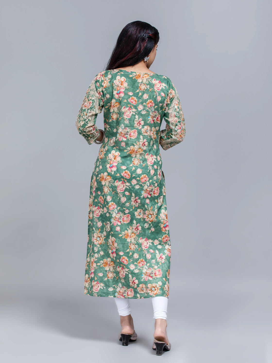 Floral Printed Kurti With Hand Embroidery On The Sleeve