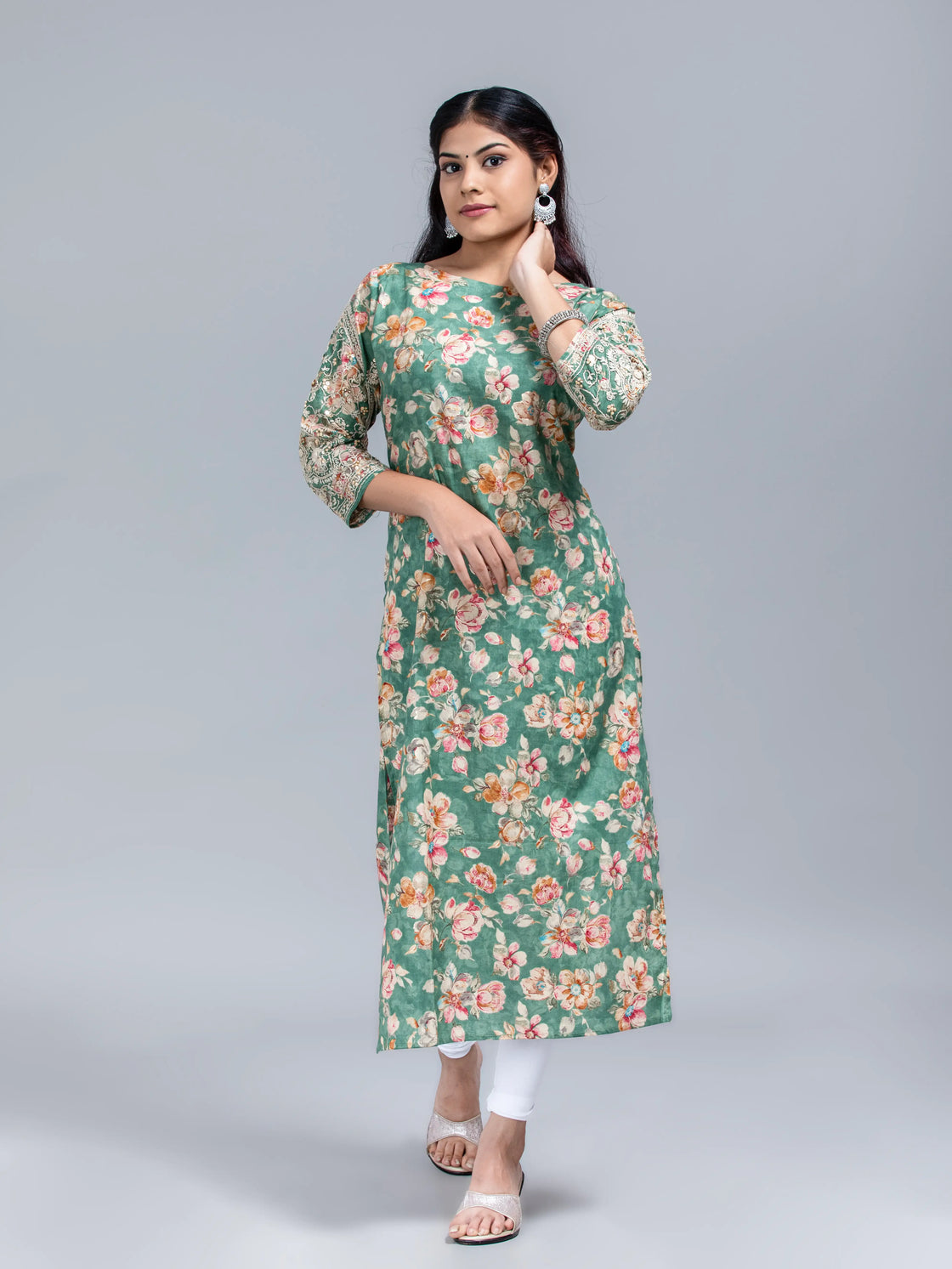 Floral Printed Kurti With Hand Embroidery On The Sleeve