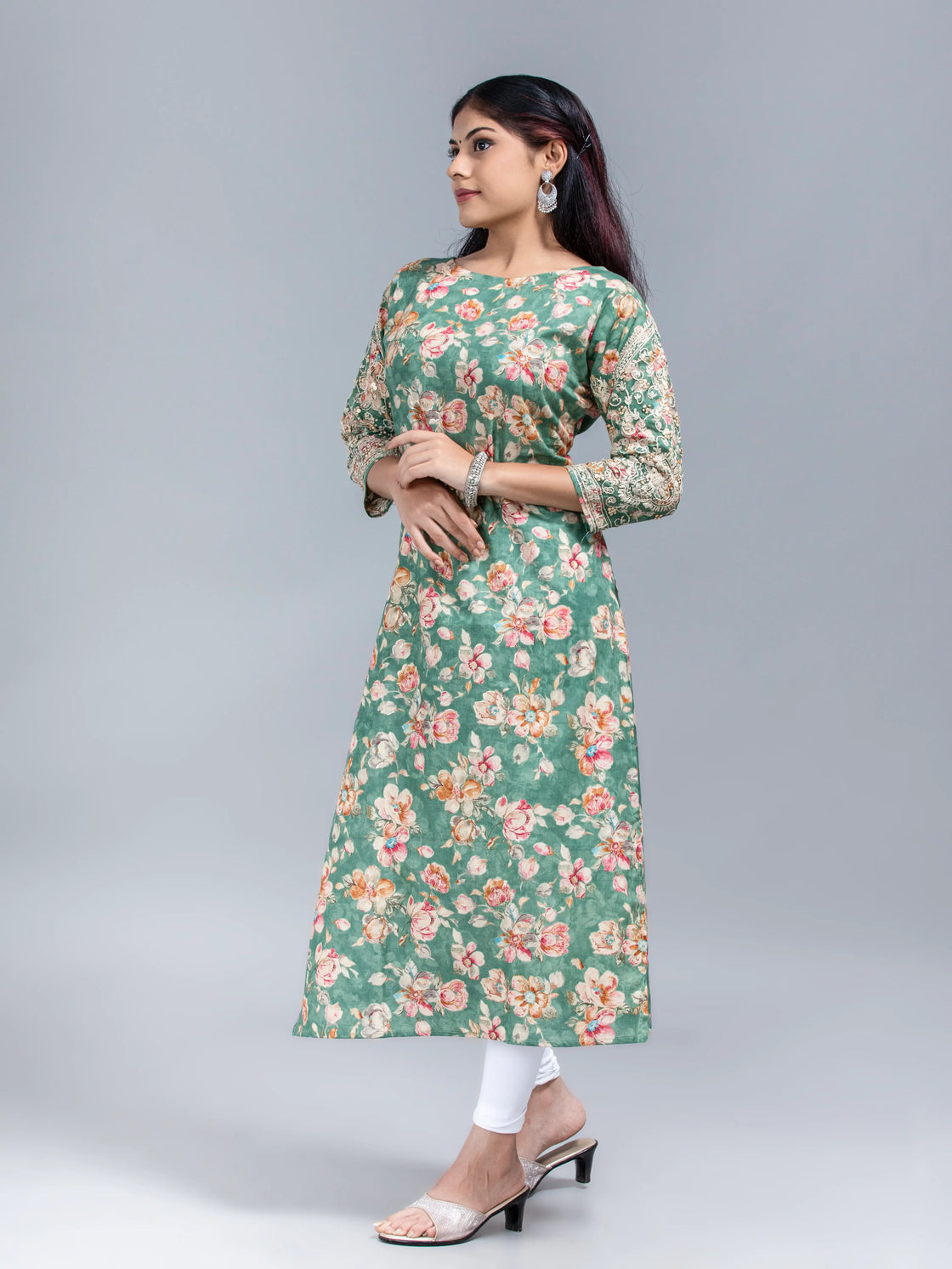 Floral Printed Kurti With Hand Embroidery On The Sleeve