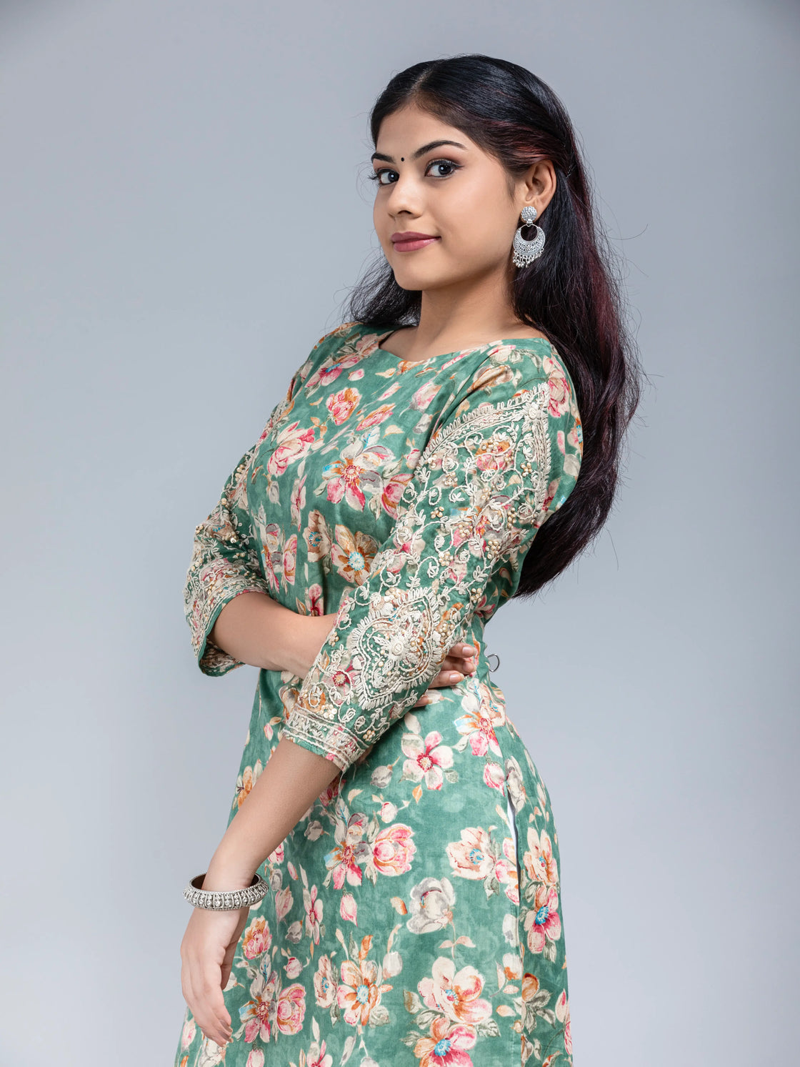 Floral Printed Kurti With Hand Embroidery On The Sleeve