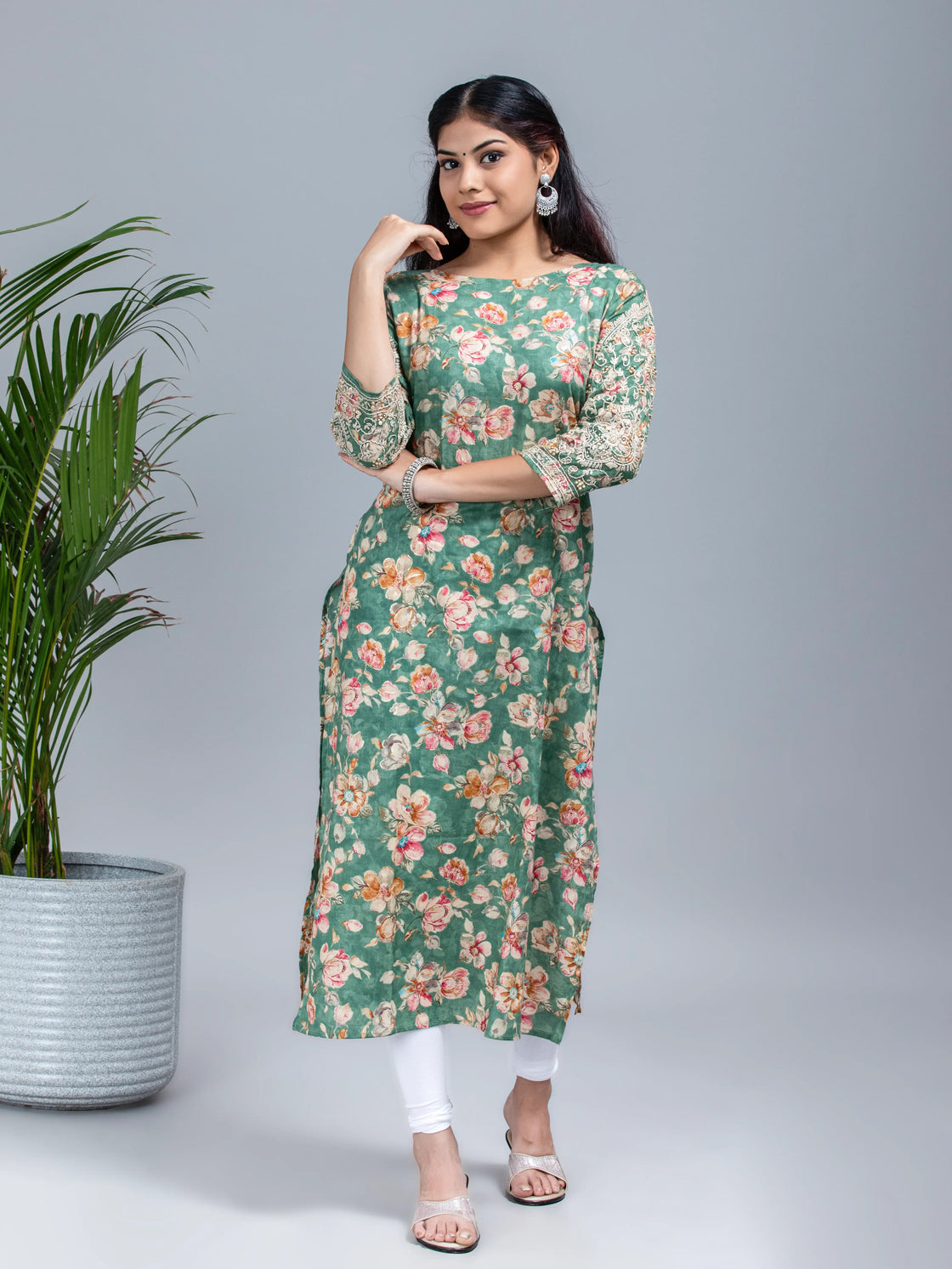 Floral Printed Kurti With Hand Embroidery On The Sleeve