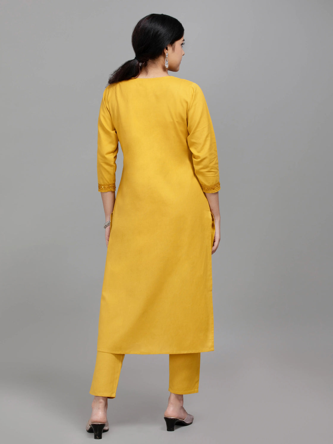 V Neck Kurti Pant Set With Handwork On handloom Cotton