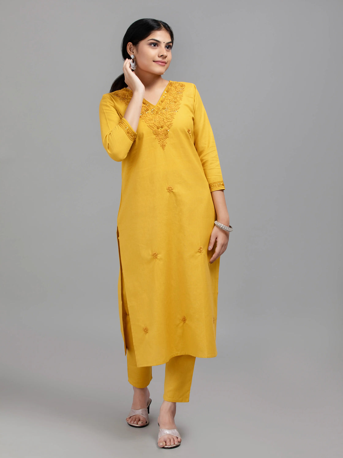 V Neck Kurti Pant Set With Handwork On handloom Cotton