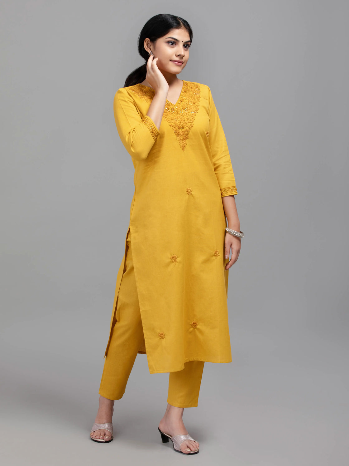 V Neck Kurti Pant Set With Handwork On handloom Cotton