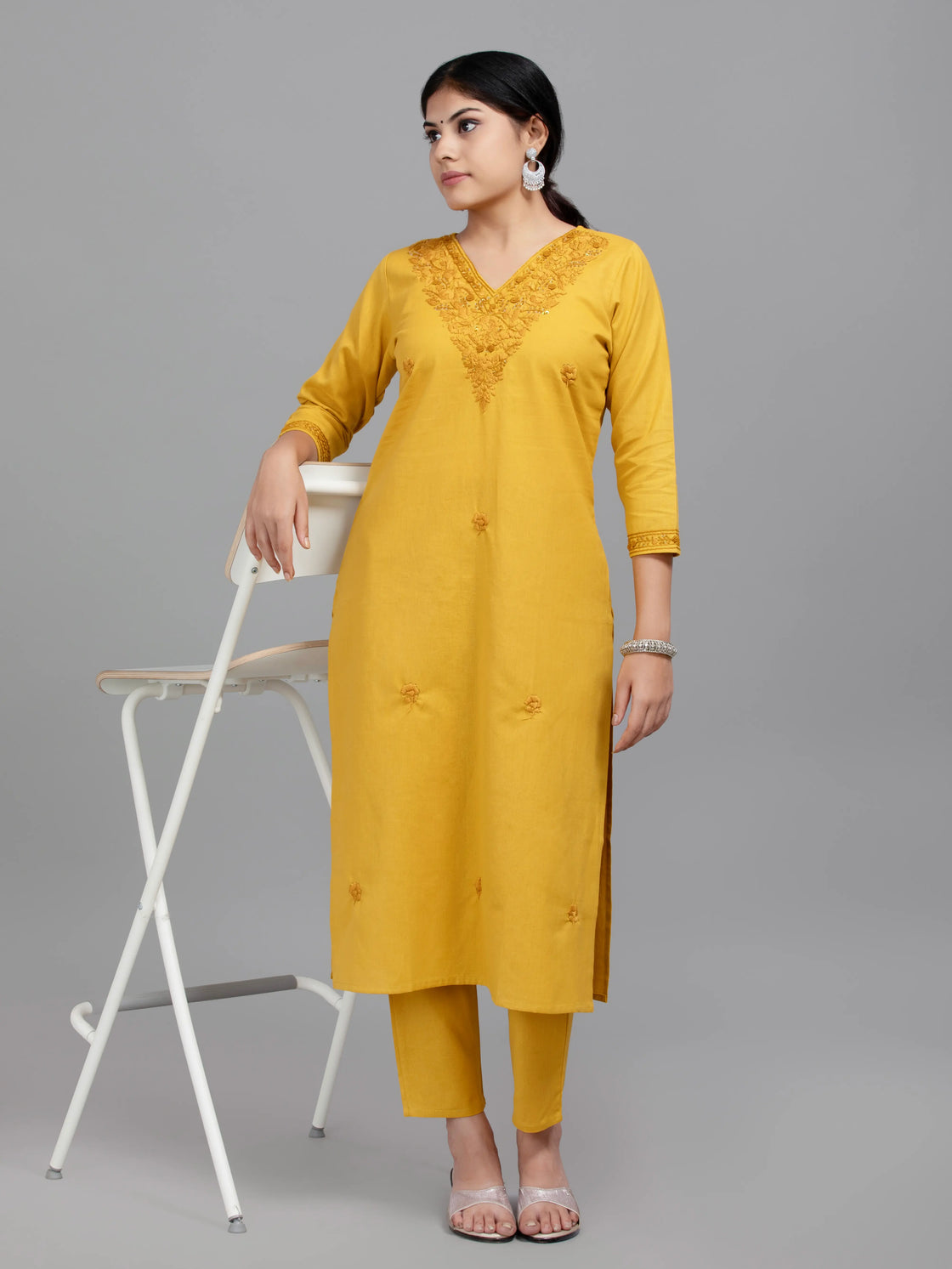 V Neck Kurti Pant Set With Handwork On handloom Cotton