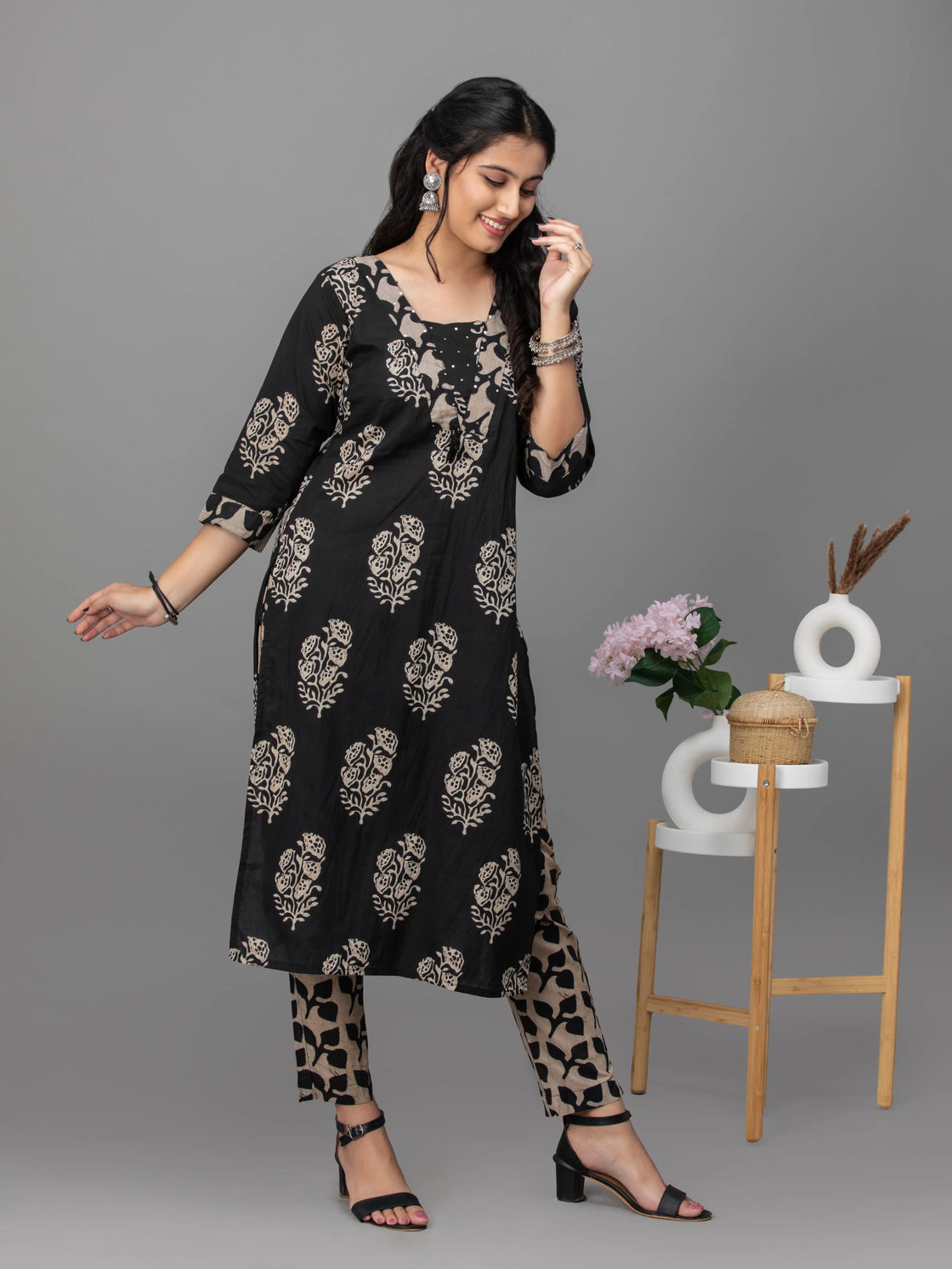 Midnight Bloom Cotton Kurti Set