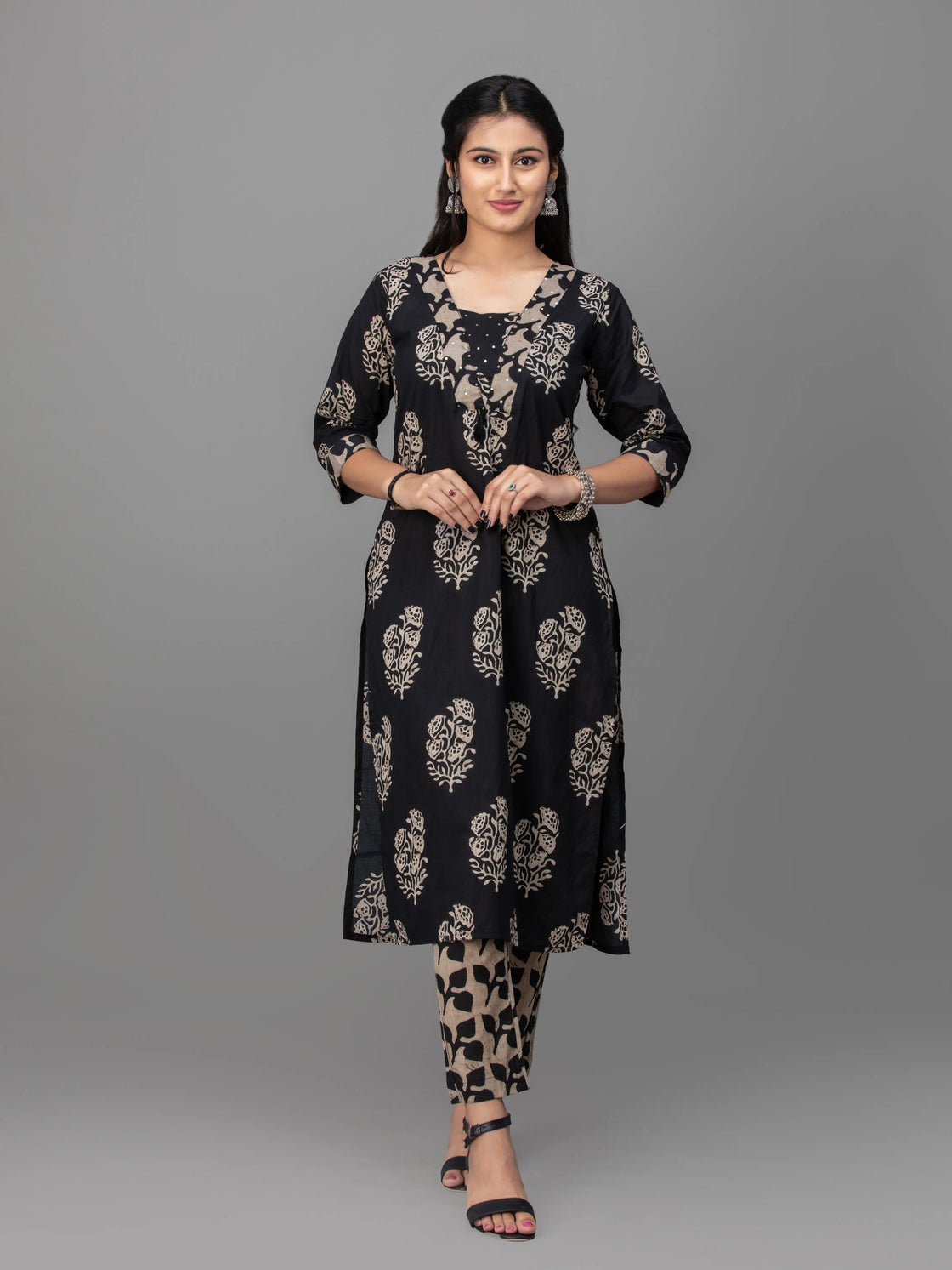 Midnight Bloom Cotton Kurti Set