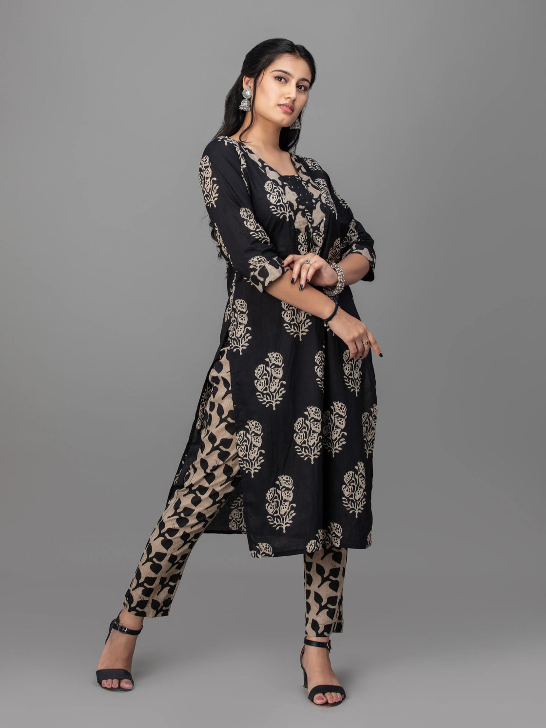 Midnight Bloom Cotton Kurti Set