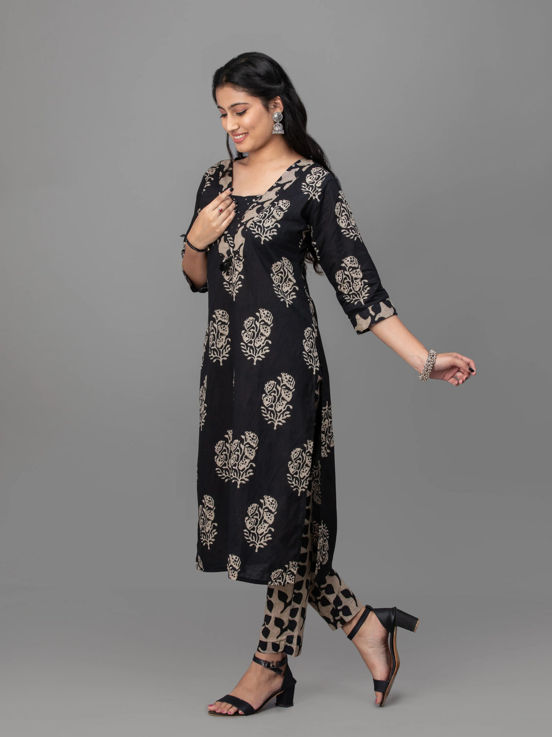 Midnight Bloom Cotton Kurti Set