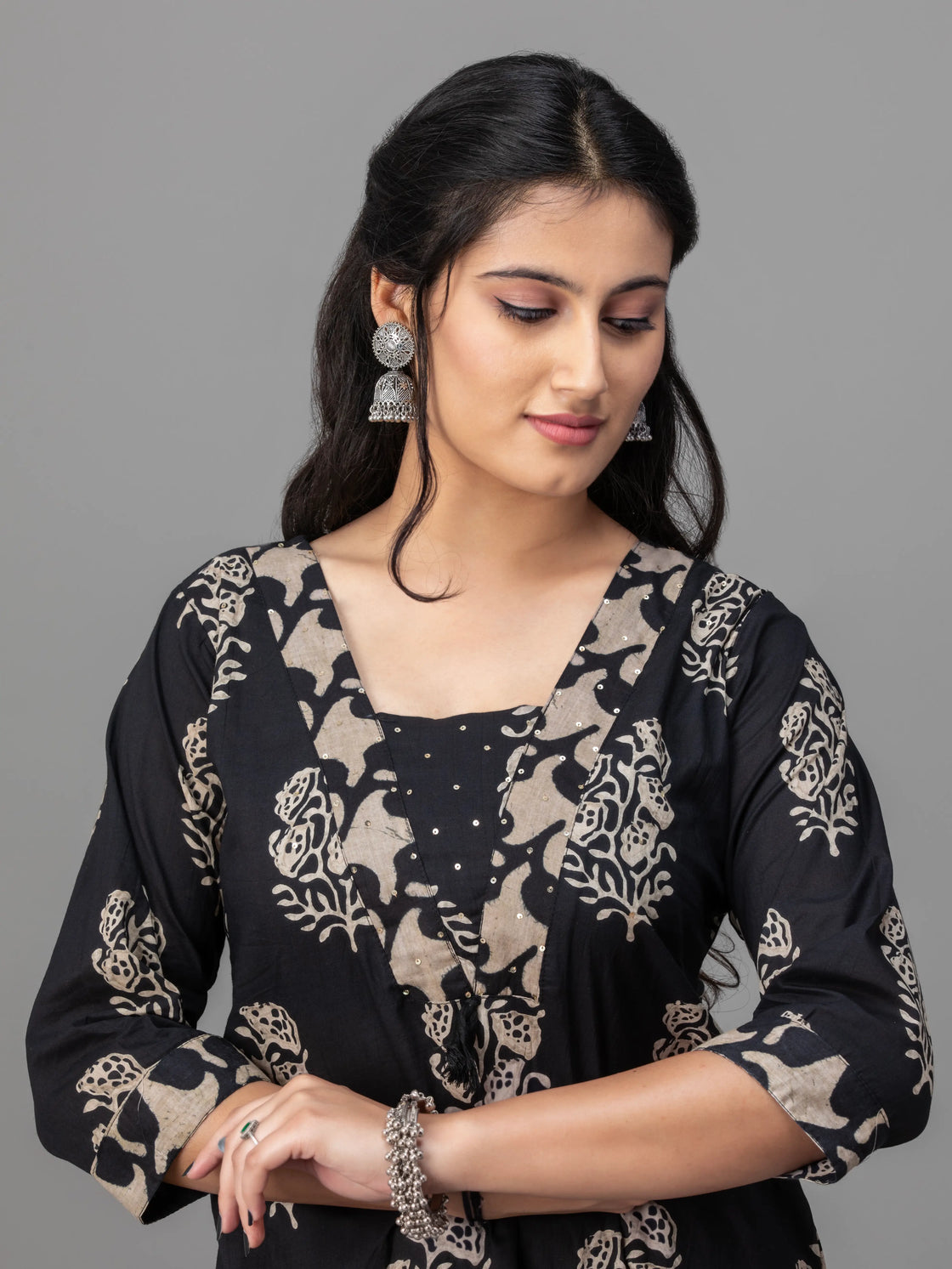 Midnight Bloom Cotton Kurti Set