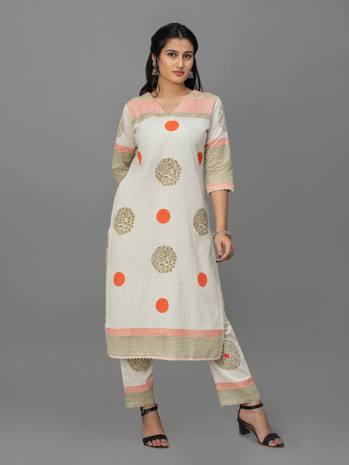 Cream Block Beauty Handloom Cotton Kurti Pant Set