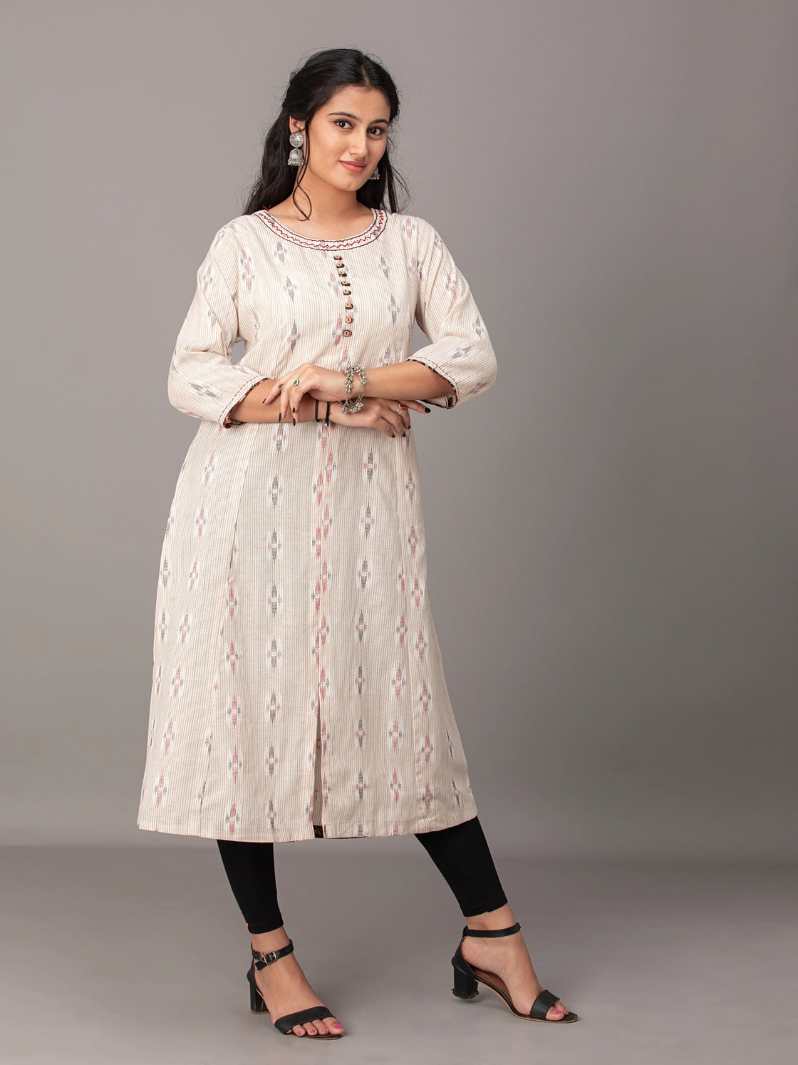 Cream Ikkat Elegance Handloom Cotton Kurti