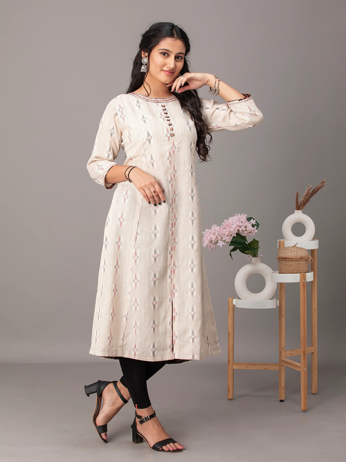 Cream Ikkat Elegance Handloom Cotton Kurti