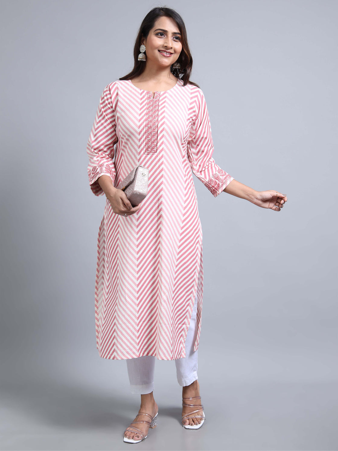 Cotton Leheriya Print Kurti with Embroidered Neck & Sleeves