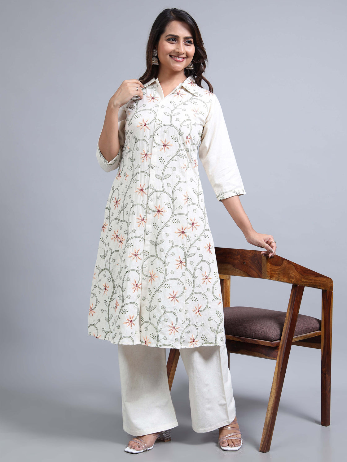 Peach Embroidered Kurti Cotton 2-Piece Set - Collar Neck & Back Belt