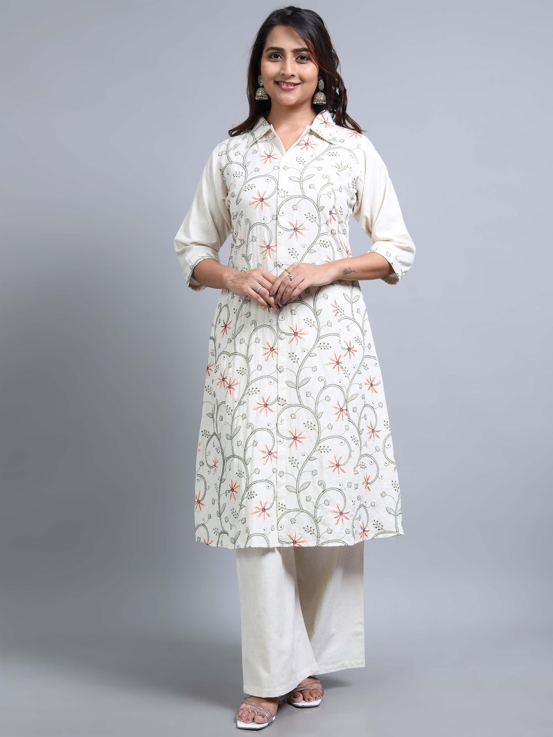 Peach Embroidered Kurti Cotton 2-Piece Set - Collar Neck & Back Belt