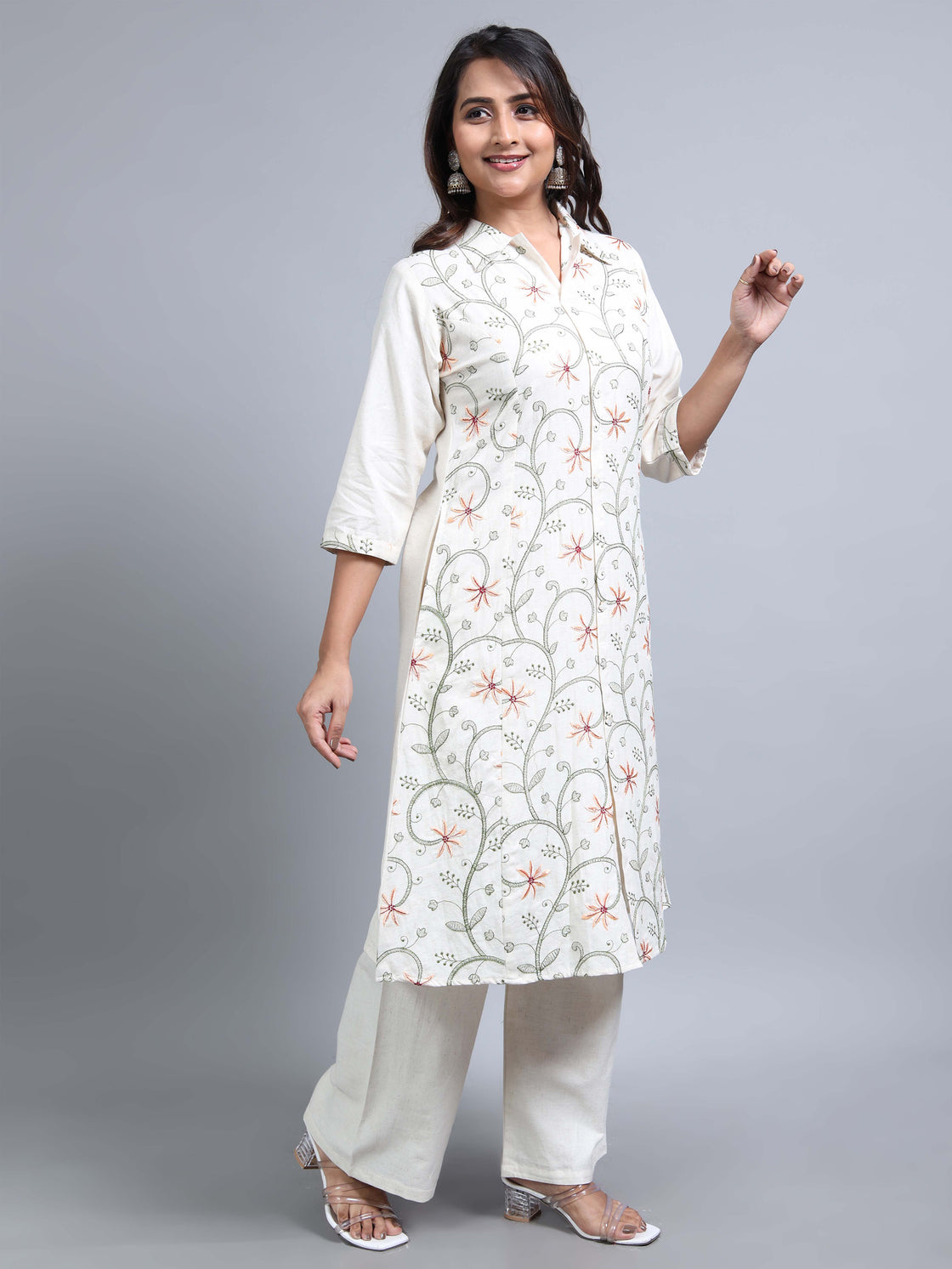 Peach Embroidered Kurti Cotton 2-Piece Set - Collar Neck & Back Belt