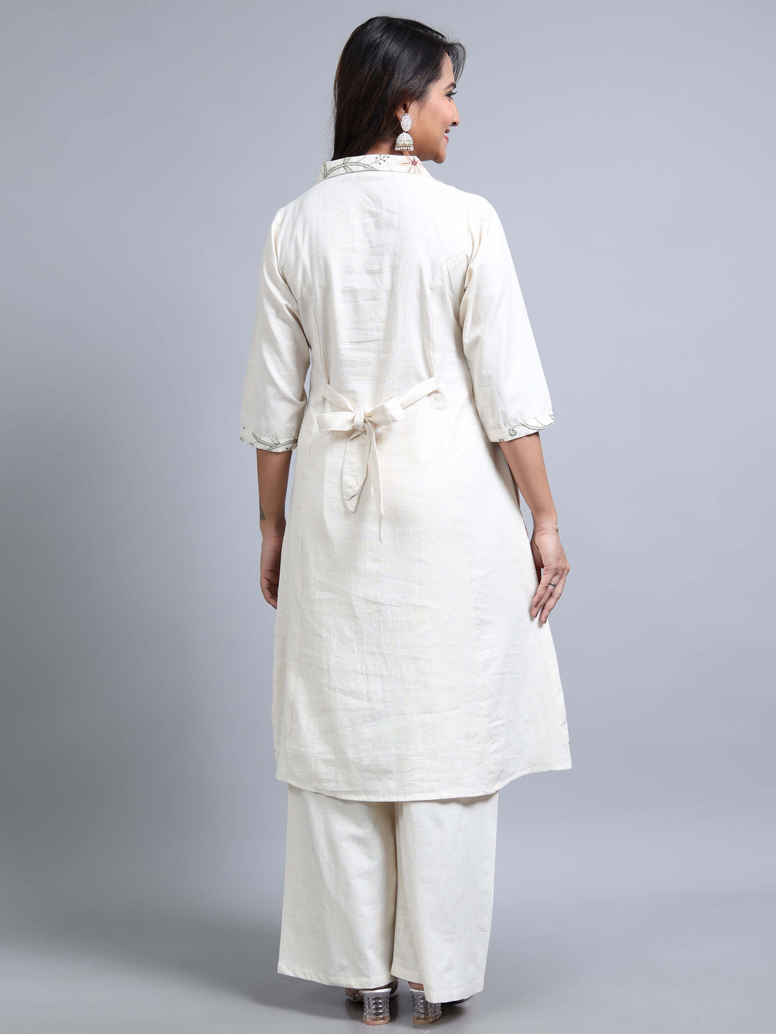 Peach Embroidered Kurti Cotton 2-Piece Set - Collar Neck & Back Belt