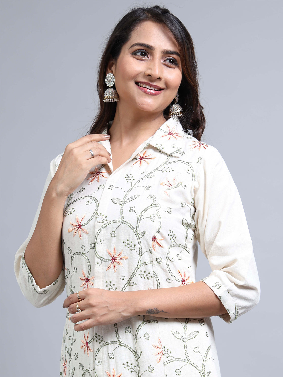 Peach Embroidered Kurti Cotton 2-Piece Set - Collar Neck & Back Belt