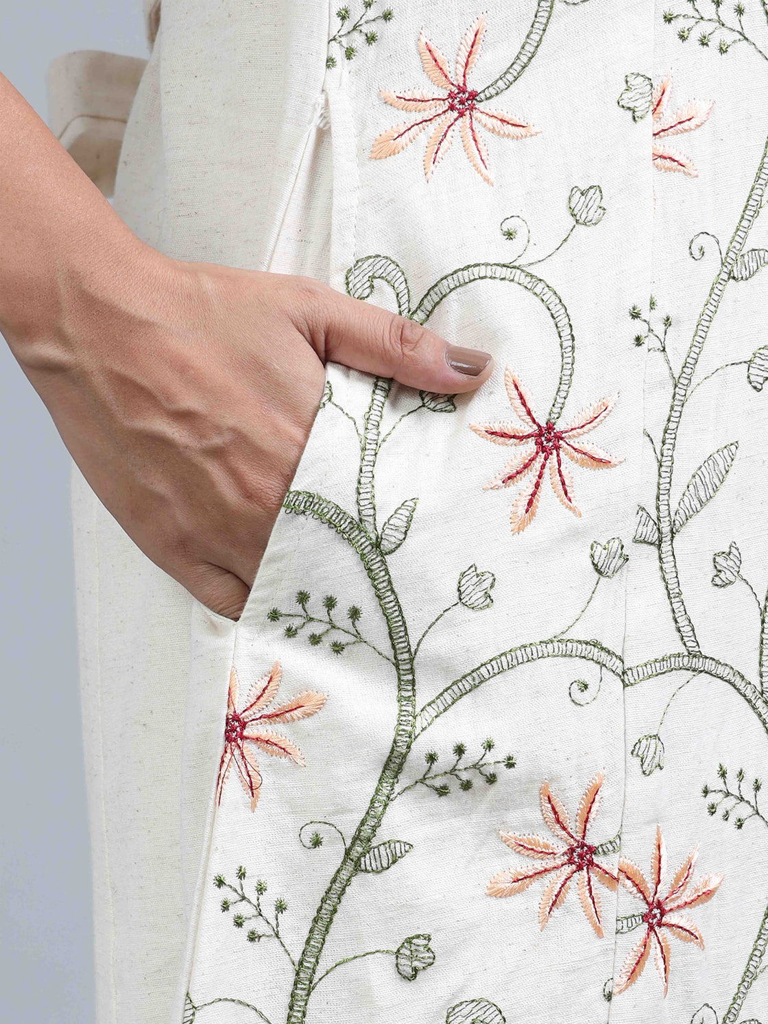 Peach Embroidered Kurti Cotton 2-Piece Set - Collar Neck & Back Belt