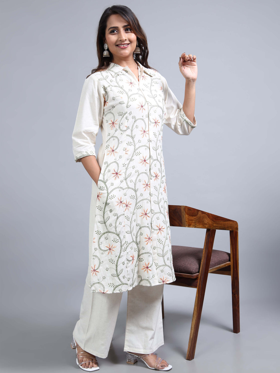 Peach Embroidered Kurti Cotton 2-Piece Set - Collar Neck & Back Belt