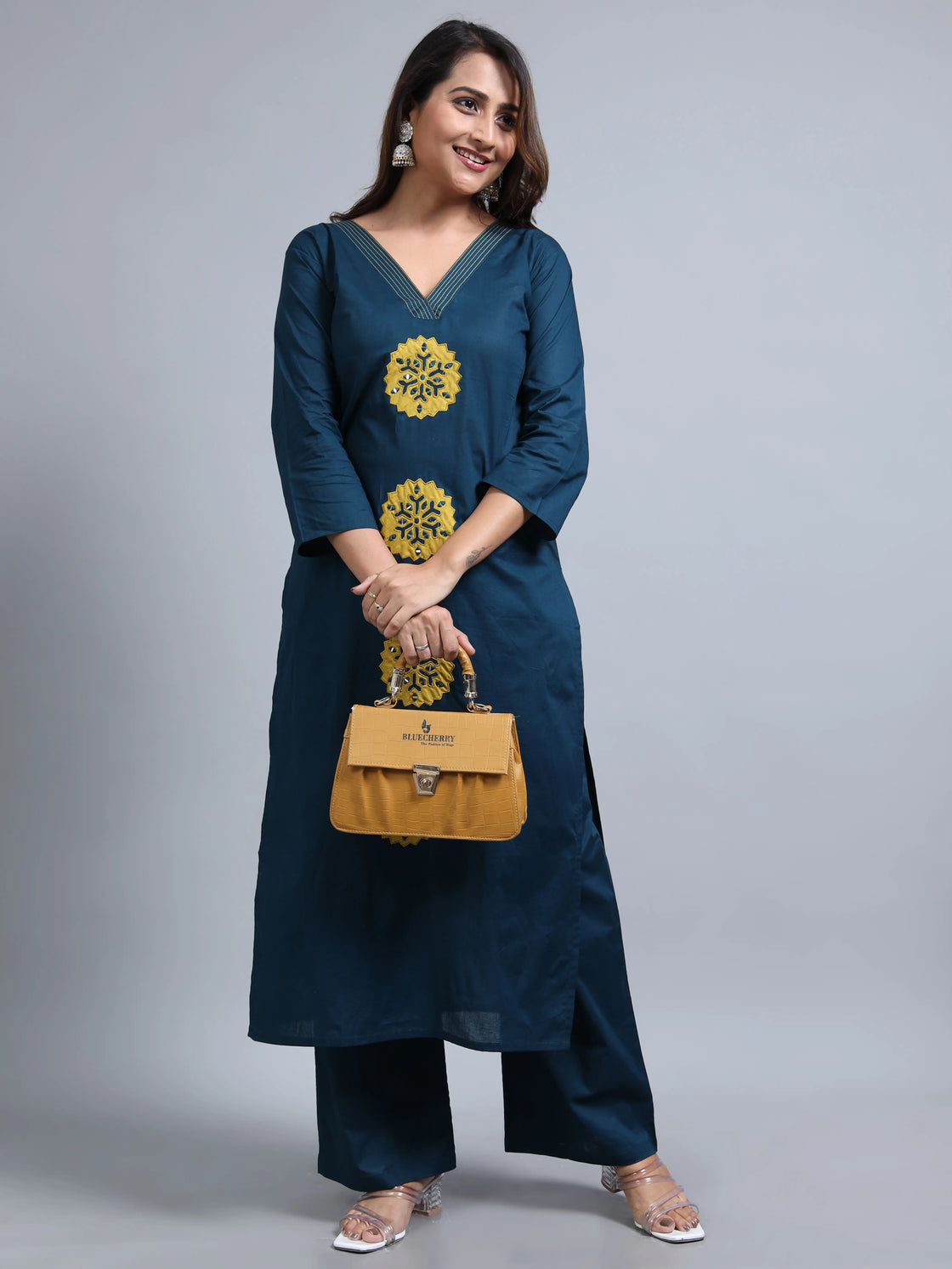 2-Piece Blue Slub Cotton Kurti Pant Set with Mirror Work