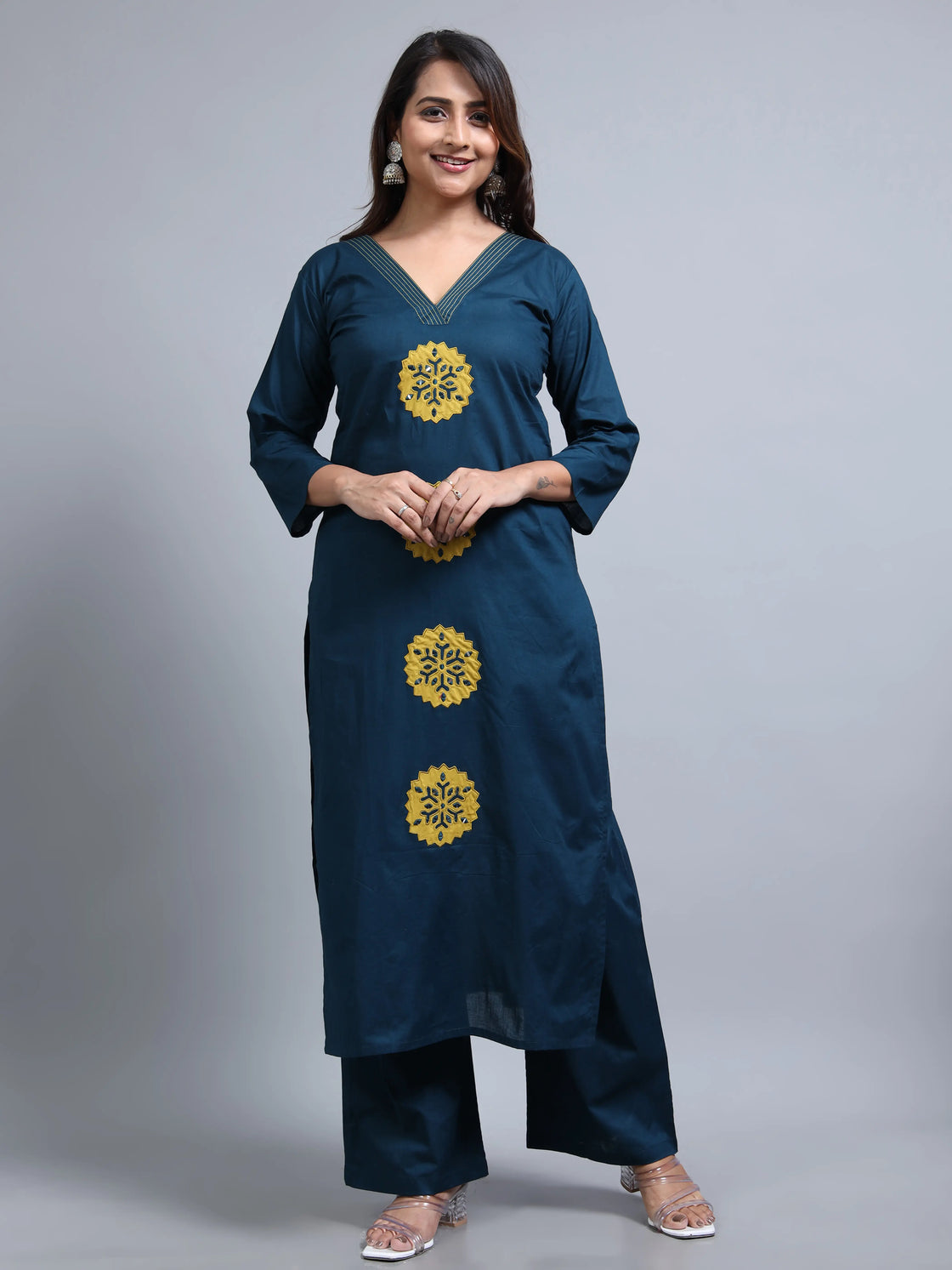 2-Piece Blue Slub Cotton Kurti Pant Set with Mirror Work